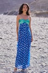 Dash And Dot_Blue Viscose Embroidery Off-shoulder Bandhani Draped Dress _at_Aza_Fashions