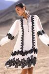 Dash And Dot_Ivory Tencel, Nylon Lace Mandarin Collar Textured Midi Dress _Online_at_Aza_Fashions
