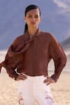 Dash And Dot_Brown Linen, Silk Collared Silk-linen Tie-knot Shirt _Online_at_Aza_Fashions