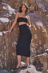 Dash And Dot_Black Polyester, Spandex Bandeau Neck Ruched Bodycon Skirt Set _at_Aza_Fashions