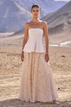 Dash And Dot_Ivory Viscose, Polyester Sequins Open Neck Peplum Top And Floral Skirt _Online_at_Aza_Fashions