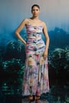 Buy_THE IASO_Multi Color Chiffon Sweetheart Neck Ocean Bloom Ruched Maxi Dress _at_Aza_Fashions