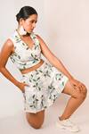 Rimi Nayak_Blue Polyester, Rayon Hydrangea Printed Shorts _at_Aza_Fashions