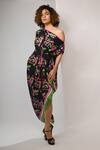 Buy_Rimi Nayak_Black Bemberg, Satin Asymmetric Bougainvillea Printed Draped Dress _at_Aza_Fashions
