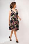 Rimi Nayak_Black Viscose, Crepe V-neck Bougainvillea Printed Wrap Dress _at_Aza_Fashions