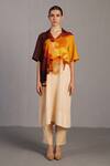 Buy_Clos_Brown V-neck And Ochre Korean Linen Kurta Pant Set _at_Aza_Fashions