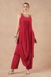 Buy_Dori & CO._Red Silk Embroidery Round Neck Ruby Metal Hand Kurta Set _at_Aza_Fashions