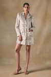 Buy_Pocketful Of Cherrie_Gold Satin Fabric Flowers Notched Neck Foil 3d Floral Blazer Dress _at_Aza_Fashions