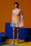 Buy_Clos_Blue Linen, Silk Round Neck Soft And Orange Designer Dress _at_Aza_Fashions