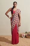 Buy_Dressfolk_Red Cotton Multi Check Saree With Blouse _at_Aza_Fashions