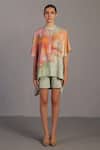 Buy_Clos_Pink Mandarin Collar Soft And Pastel Green Kaftan Top & Shorts _at_Aza_Fashions
