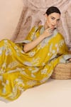 Soniya G_Mustard Embroidery V-neck Yellow Kaftan And Wide Legged Pant Set _at_Aza_Fashions