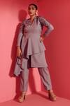 Buy_Mamicha_Gray Crepe Embroidery V-neck Designer Mirage Co-ord Set _at_Aza_Fashions