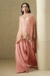Buy_Kesar Studio_Pink Tissue, Silk Embroidery Round Neck Flamingo Handwork Cape Set _at_Aza_Fashions