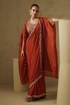 Buy_Kesar Studio_Rust Linen, Silk, Crepe Embroidery V-neck, Round Orange Pre-draped Saree Set _at_Aza_Fashions