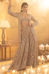 Shop_House Of Sikka_Beige Net Sequins, Embroidery Sweetheart , Open Designer Sharara Set _at_Aza_Fashions