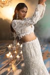 House Of Sikka_Ivory Net Beads, Sequins, Embroidery Plunge Neck Fish Cut Lehenga Set _Online_at_Aza_Fashions