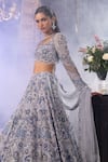 Shop_House Of Sikka_Blue Net Beads, Sequins, Embroidery Plunge Neck Three-dimensional Lehenga Set _at_Aza_Fashions