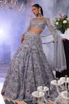 Buy_House Of Sikka_Blue Net Beads, Sequins, Embroidery Plunge Neck Three-dimensional Lehenga Set _at_Aza_Fashions