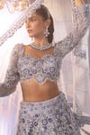 House Of Sikka_Blue Net Beads, Sequins, Embroidery Plunge Neck Three-dimensional Lehenga Set _Online_at_Aza_Fashions
