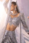 Buy_House Of Sikka_Blue Net Beads, Sequins, Embroidery Plunge Neck Three-dimensional Lehenga Set _Online_at_Aza_Fashions