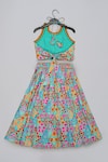 Shop_Little Brats_Turquoise Cotton, Silk Tassels Blue Embroidered Blouse And Ghagara Set _at_Aza_Fashions