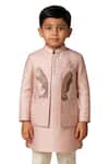 Paarsh_Peach Linen, Satin, Cotton Embroidery Nehru Jacket Kurta Pant Set _Online_at_Aza_Fashions