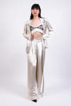 Buy_AK-OK_Beige Tencel, Denim Embroidery Scoop Neck Coin Blazer And Pant Set _at_Aza_Fashions