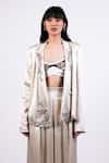 Shop_AK-OK_Beige Tencel, Denim Embroidery Scoop Neck Coin Blazer And Pant Set _Online_at_Aza_Fashions