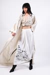 AK-OK_Black Embroidery Open Neck, Printed Silk Lungi Skirt Set _Online_at_Aza_Fashions