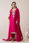 Buy_Roohbyridhimaa_Magenta Viscose, Organza, Zari, Embroidery Collared Jalsa Kurta Set _at_Aza_Fashions