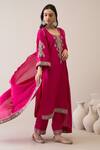 Roohbyridhimaa_Magenta Viscose, Organza, Zari, Embroidery Collared Jalsa Kurta Set _at_Aza_Fashions