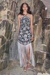 Buy_Dash And Dot_Black Rayon Fringe Asymmetric Metallic Floral Dress _Online_at_Aza_Fashions