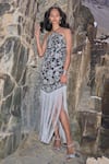 Shop_Dash And Dot_Black Rayon Fringe Asymmetric Metallic Floral Dress _Online_at_Aza_Fashions
