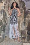 Dash And Dot_Black Rayon Fringe Asymmetric Metallic Floral Dress _at_Aza_Fashions