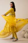 Roohbyridhimaa_Yellow Chanderi Embroidery Round Neck Vardaah Anarkali Set _at_Aza_Fashions