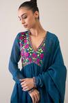 Roohbyridhimaa_Blue , Cotton, Chanderi Embroidery V-neck Rimjhim Anarkali Set _Online_at_Aza_Fashions