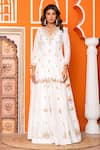 Shop_Yuvraani Jaipur_Ivory Silk, Shantoon, Organza Embroidery V-neck Kurta Sharara Set 