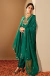 Roohbyridhimaa_Green Silk Organza, Viscose Zari, Sequins V-neck Zardozi Embroidered Kurta Set _at_Aza_Fashions