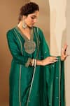 Buy_Roohbyridhimaa_Green Silk Organza, Viscose Zari, Sequins V-neck Zardozi Embroidered Kurta Set 