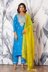 Buy_Yuvraani Jaipur_Blue Silk, Shantoon, Organza Embroidery, Sequins Round Neck Kurta Set _at_Aza_Fashions