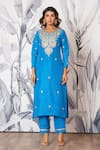 Buy_Yuvraani Jaipur_Blue Silk, Shantoon, Organza Embroidery, Sequins Round Neck Kurta Set _Online_at_Aza_Fashions