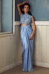 Buy_Piri India_Lavender Silk, Satin, Organza Embroidery Round Blue Designer Blouse And Skirt Set _Online_at_Aza_Fashions
