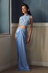 Shop_Piri India_Lavender Silk, Satin, Organza Embroidery Round Blue Designer Blouse And Skirt Set _Online_at_Aza_Fashions