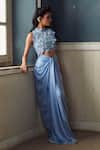 Piri India_Lavender Silk, Satin, Organza Embroidery Round Blue Designer Blouse And Skirt Set _at_Aza_Fashions