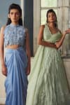 Shop_Piri India_Lavender Silk, Satin, Organza Embroidery Round Blue Designer Blouse And Skirt Set 
