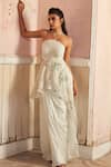 Buy_Piri India_Gray Organza, Silk, Satin Embroidery Off-shoulder Designer Top And Skirt Set _Online_at_Aza_Fashions