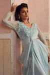Piri India_Blue Satin, Organza, Net Embroidery V-neck Powder Designer Gown _Online_at_Aza_Fashions