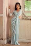Buy_Piri India_Blue Satin, Organza, Net Embroidery V-neck Powder Designer Gown _at_Aza_Fashions
