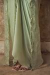 Piri India_Green Satin, Organza V-, Round Sage Embroidered Drape Dress Set _Online_at_Aza_Fashions